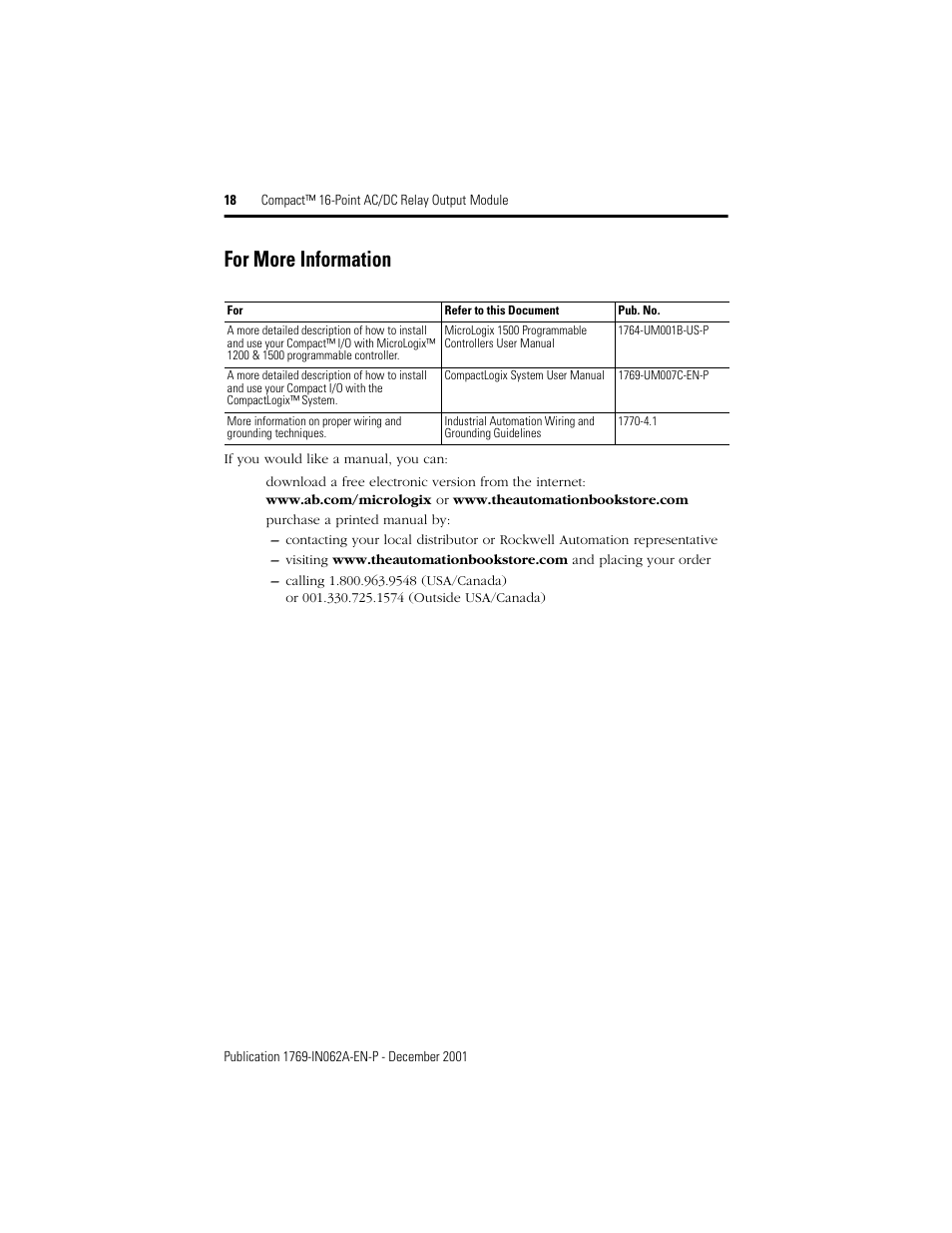 For more information | Rockwell Automation 1769-OW16 Compact 16-Point AC/DC Relay Output Module User Manual | Page 18 / 20