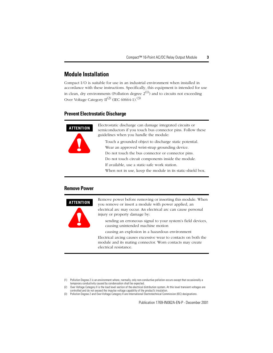 Module installation, Prevent electrostatic discharge, Remove power | Rockwell Automation 1769-OW16 Compact 16-Point AC/DC Relay Output Module User Manual | Page 3 / 20