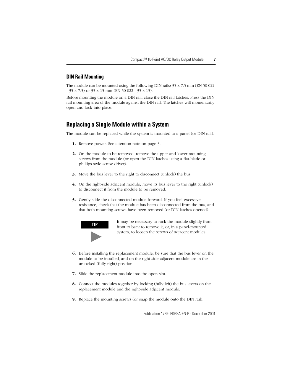 Din rail mounting, Replacing a single module within a system | Rockwell Automation 1769-OW16 Compact 16-Point AC/DC Relay Output Module User Manual | Page 7 / 20