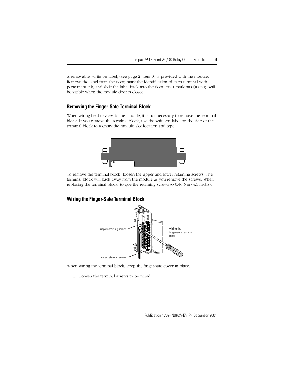 Removing the finger-safe terminal block, Wiring the finger-safe terminal block | Rockwell Automation 1769-OW16 Compact 16-Point AC/DC Relay Output Module User Manual | Page 9 / 20
