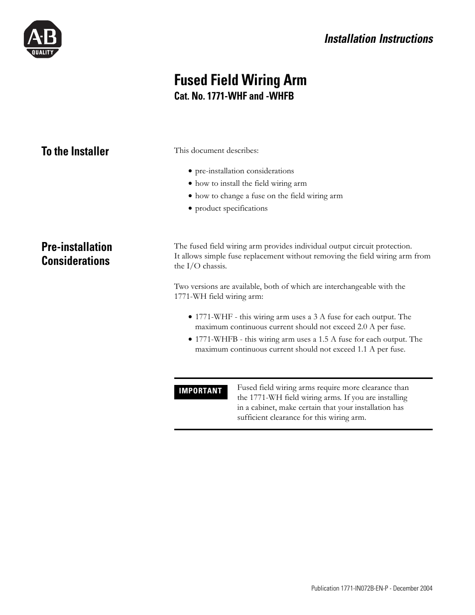 Rockwell Automation 1771-WHF_WHFB Fused Field Wiring Arm Installation Instructions User Manual | 4 pages