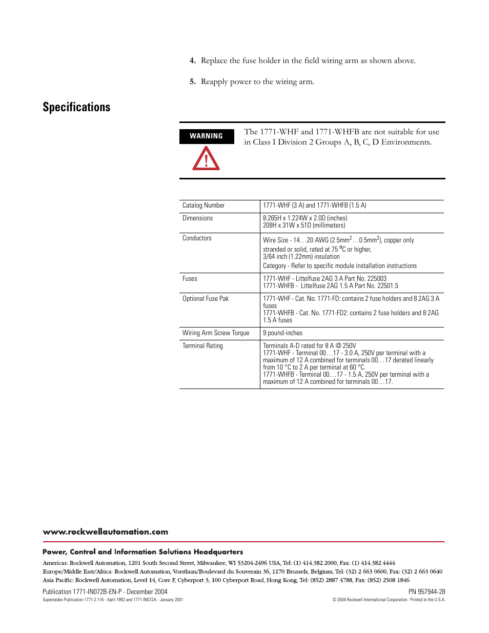 Specifications | Rockwell Automation 1771-WHF_WHFB Fused Field Wiring Arm Installation Instructions User Manual | Page 4 / 4