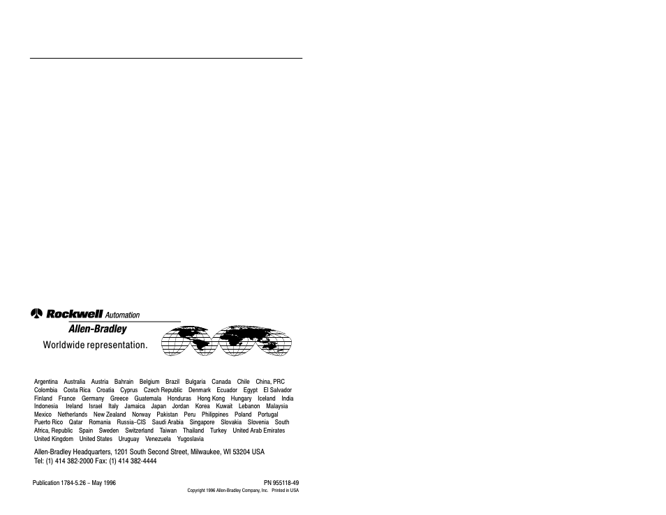 Back cover, Worldwide representation | Rockwell Automation 1784-CP13 CP13 Cable Installation Instructions User Manual | Page 4 / 4