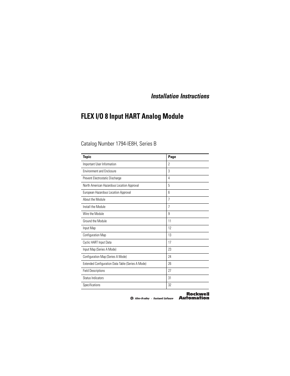 Rockwell Automation 1794-IE8H, Series B FLEX I/O 8 Input Hart Analog Module Installation Instructions User Manual | 36 pages