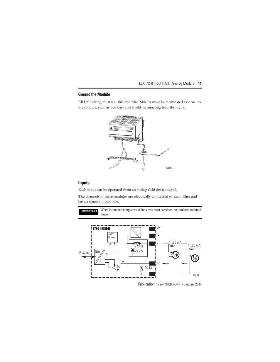 Ground the module, Inputs | Rockwell Automation 1794-IE8H, Series B FLEX I/O 8 Input Hart Analog Module Installation Instructions User Manual | Page 11 / 36