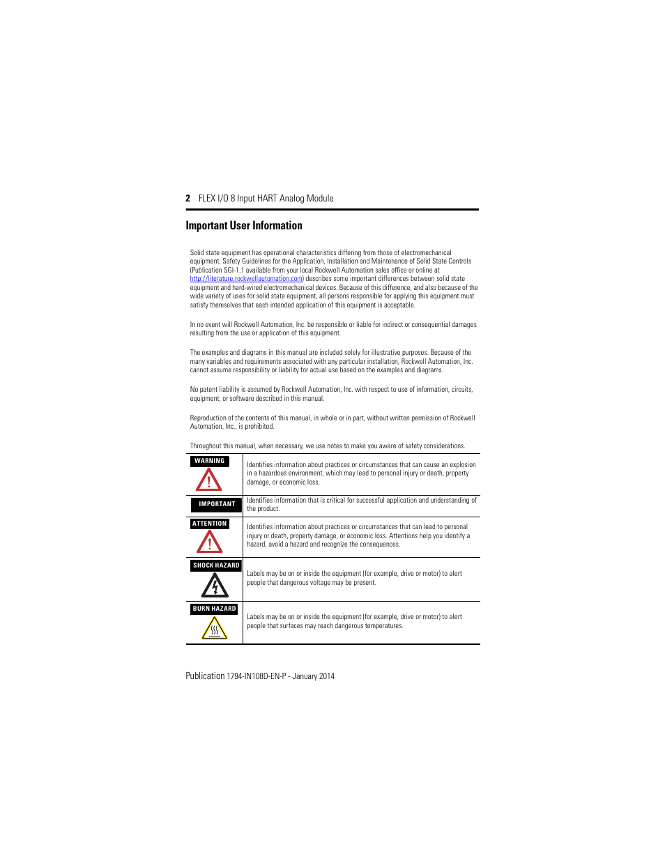 Important user information, 2 flex i/o 8 input hart analog module publication | Rockwell Automation 1794-IE8H, Series B FLEX I/O 8 Input Hart Analog Module Installation Instructions User Manual | Page 2 / 36