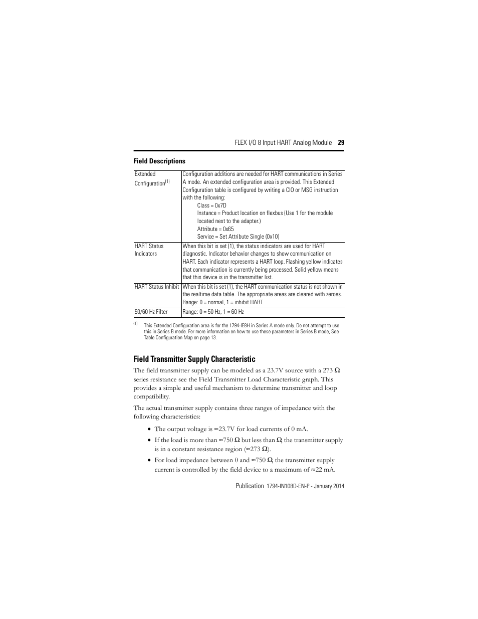 Field transmitter supply characteristic | Rockwell Automation 1794-IE8H, Series B FLEX I/O 8 Input Hart Analog Module Installation Instructions User Manual | Page 29 / 36