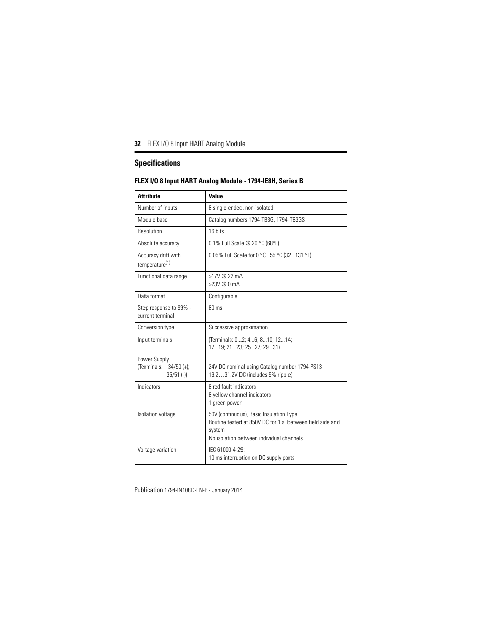 Specifications | Rockwell Automation 1794-IE8H, Series B FLEX I/O 8 Input Hart Analog Module Installation Instructions User Manual | Page 32 / 36