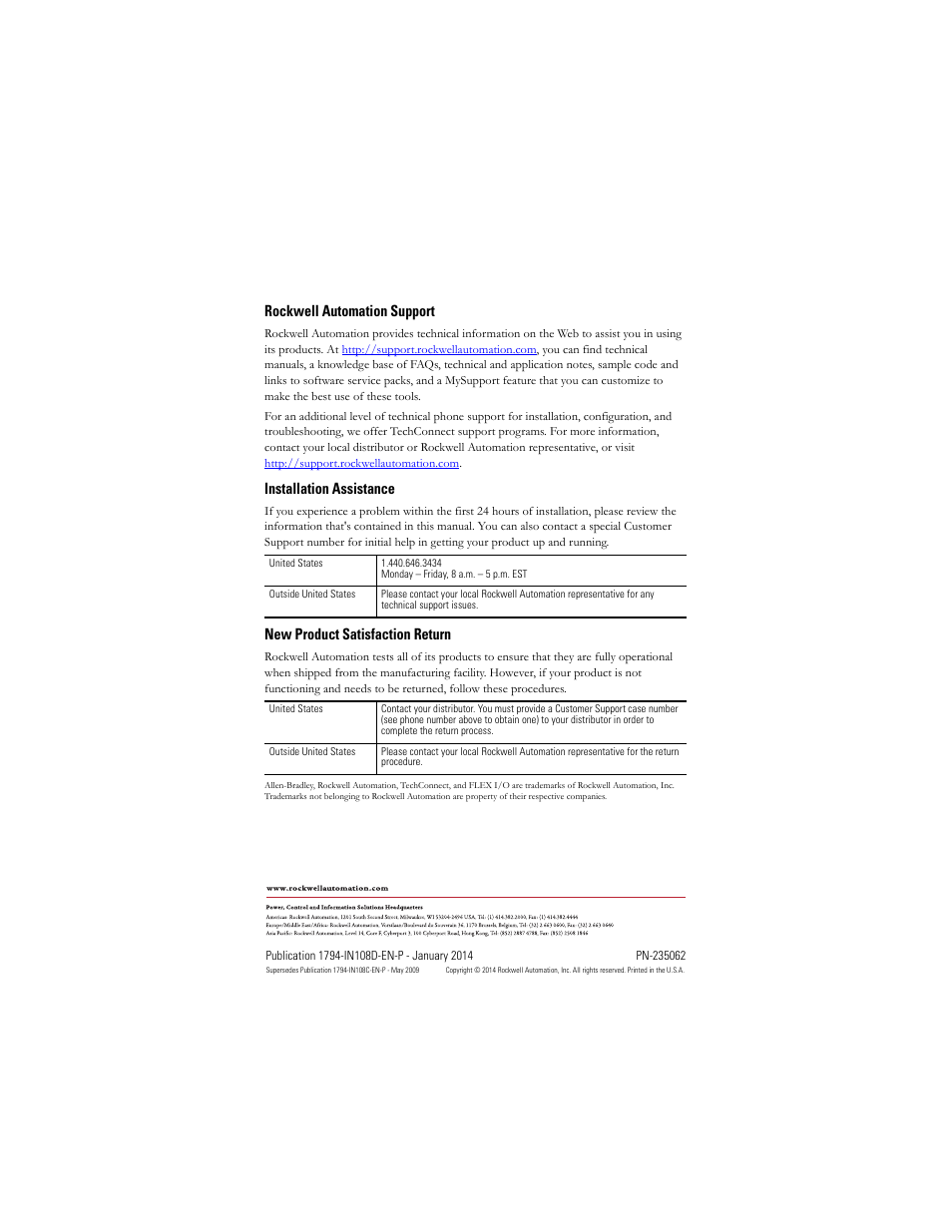 Back cover, Rockwell automation support, Installation assistance | New product satisfaction return | Rockwell Automation 1794-IE8H, Series B FLEX I/O 8 Input Hart Analog Module Installation Instructions User Manual | Page 36 / 36