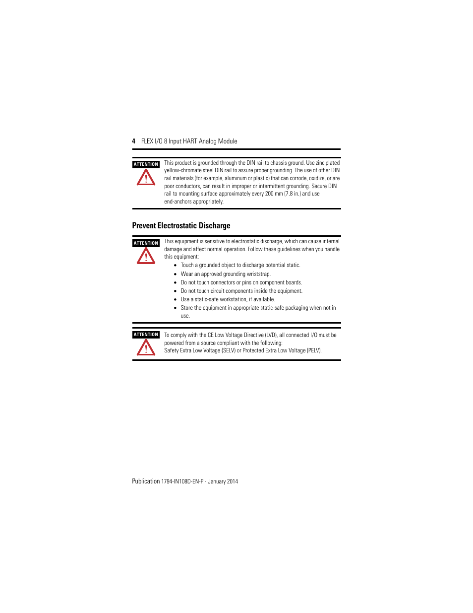 Prevent electrostatic discharge | Rockwell Automation 1794-IE8H, Series B FLEX I/O 8 Input Hart Analog Module Installation Instructions User Manual | Page 4 / 36