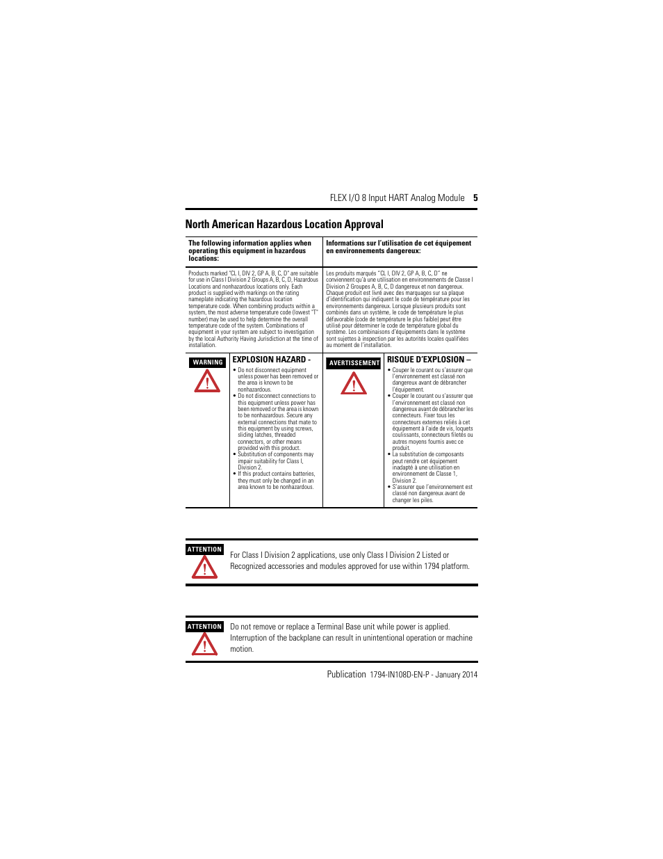 North american hazardous location approval, Flex i/o 8 input hart analog module 5 publication | Rockwell Automation 1794-IE8H, Series B FLEX I/O 8 Input Hart Analog Module Installation Instructions User Manual | Page 5 / 36