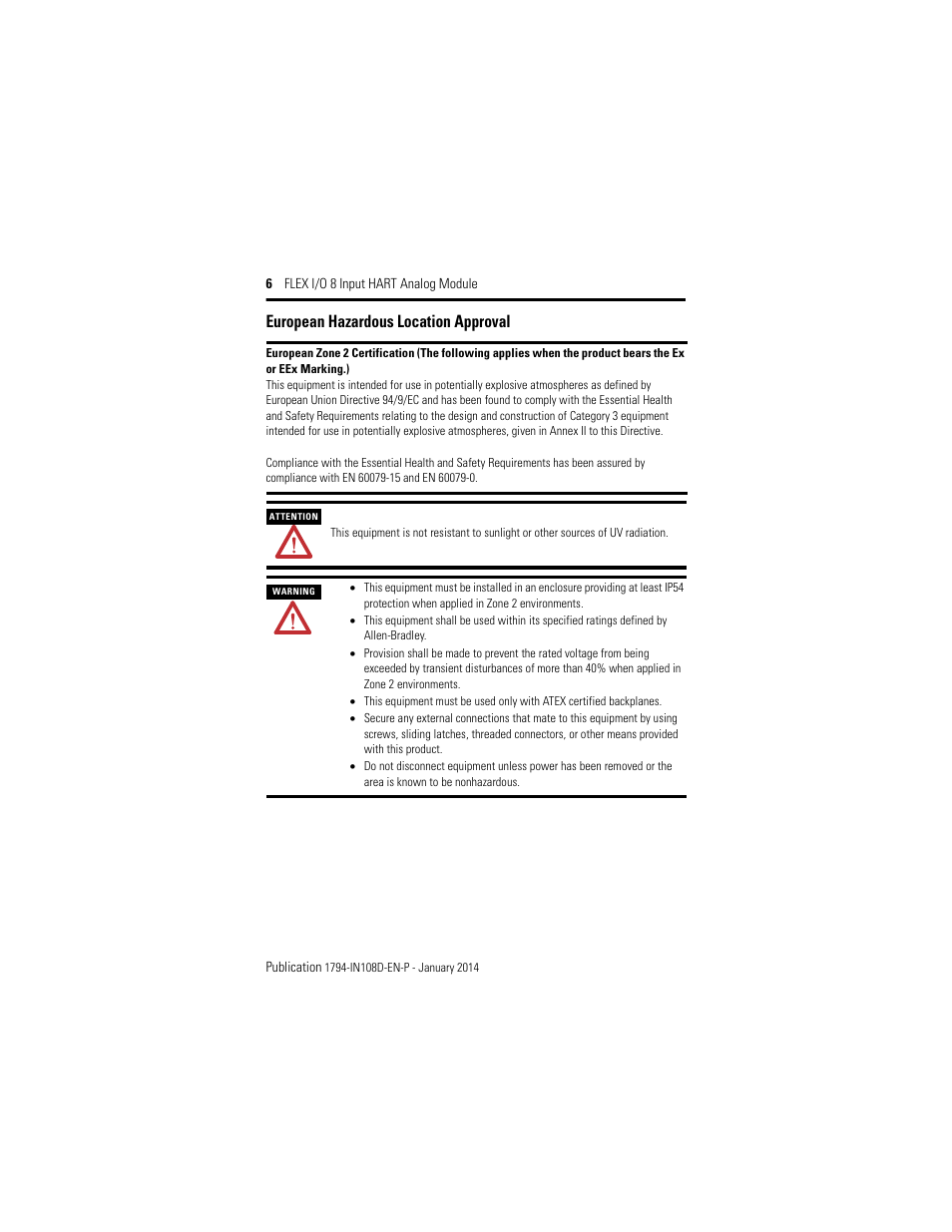 European hazardous location approval | Rockwell Automation 1794-IE8H, Series B FLEX I/O 8 Input Hart Analog Module Installation Instructions User Manual | Page 6 / 36
