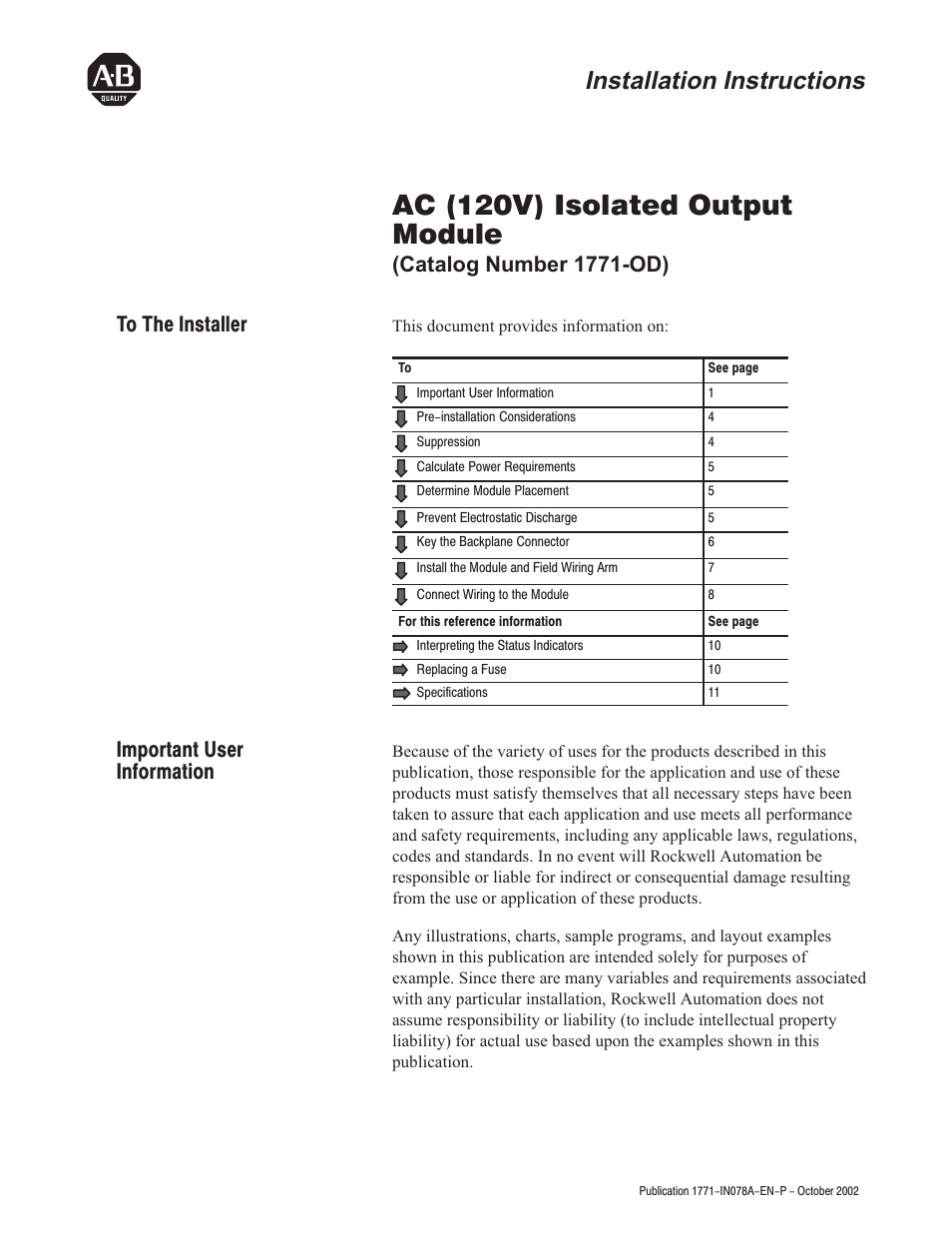 Rockwell Automation 1771-OD AC (120V) Isolated Output Module Installation Instructions User Manual | 12 pages
