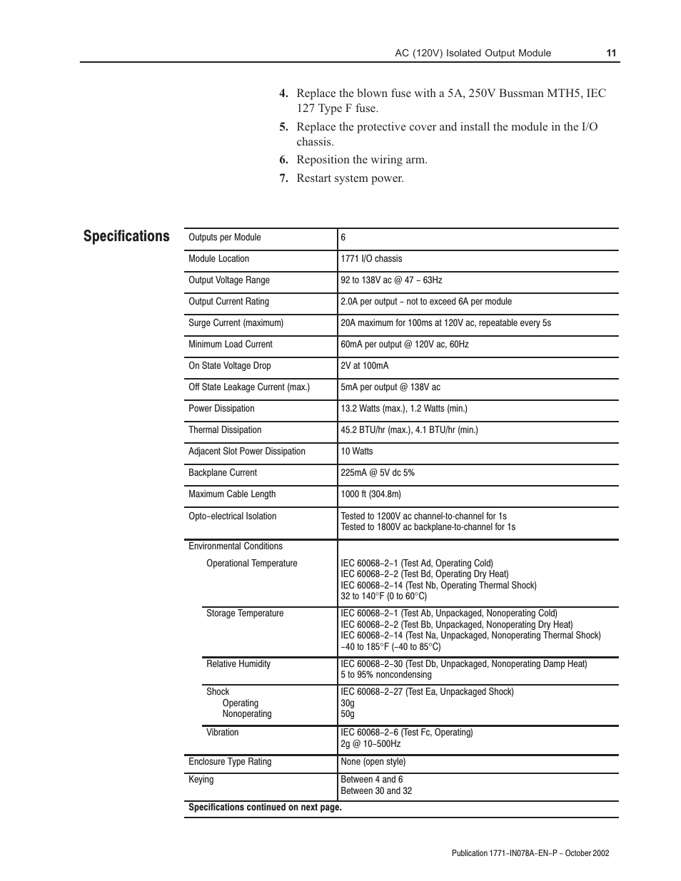 Specifications | Rockwell Automation 1771-OD AC (120V) Isolated Output Module Installation Instructions User Manual | Page 11 / 12