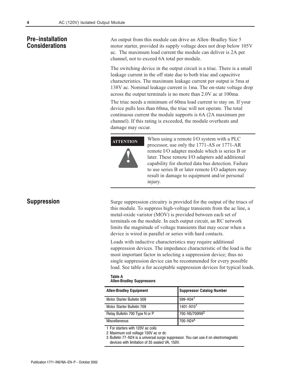 Pre-installation considerations suppression | Rockwell Automation 1771-OD AC (120V) Isolated Output Module Installation Instructions User Manual | Page 4 / 12