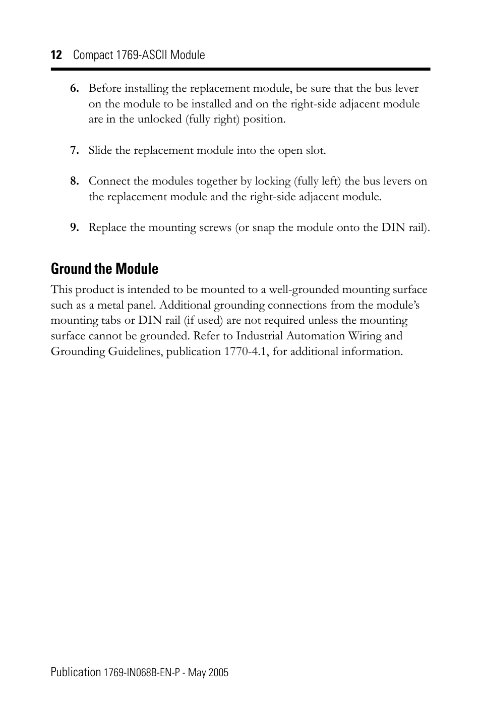 Ground the module | Rockwell Automation 1769-ASCII Compact Module User Manual | Page 12 / 40