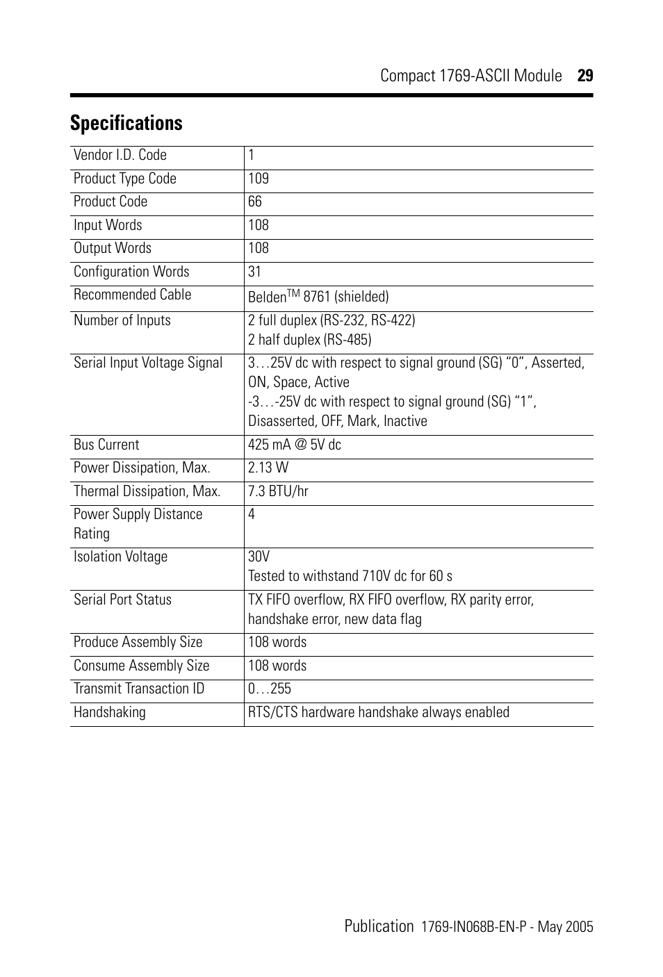 Specifications | Rockwell Automation 1769-ASCII Compact Module User Manual | Page 29 / 40