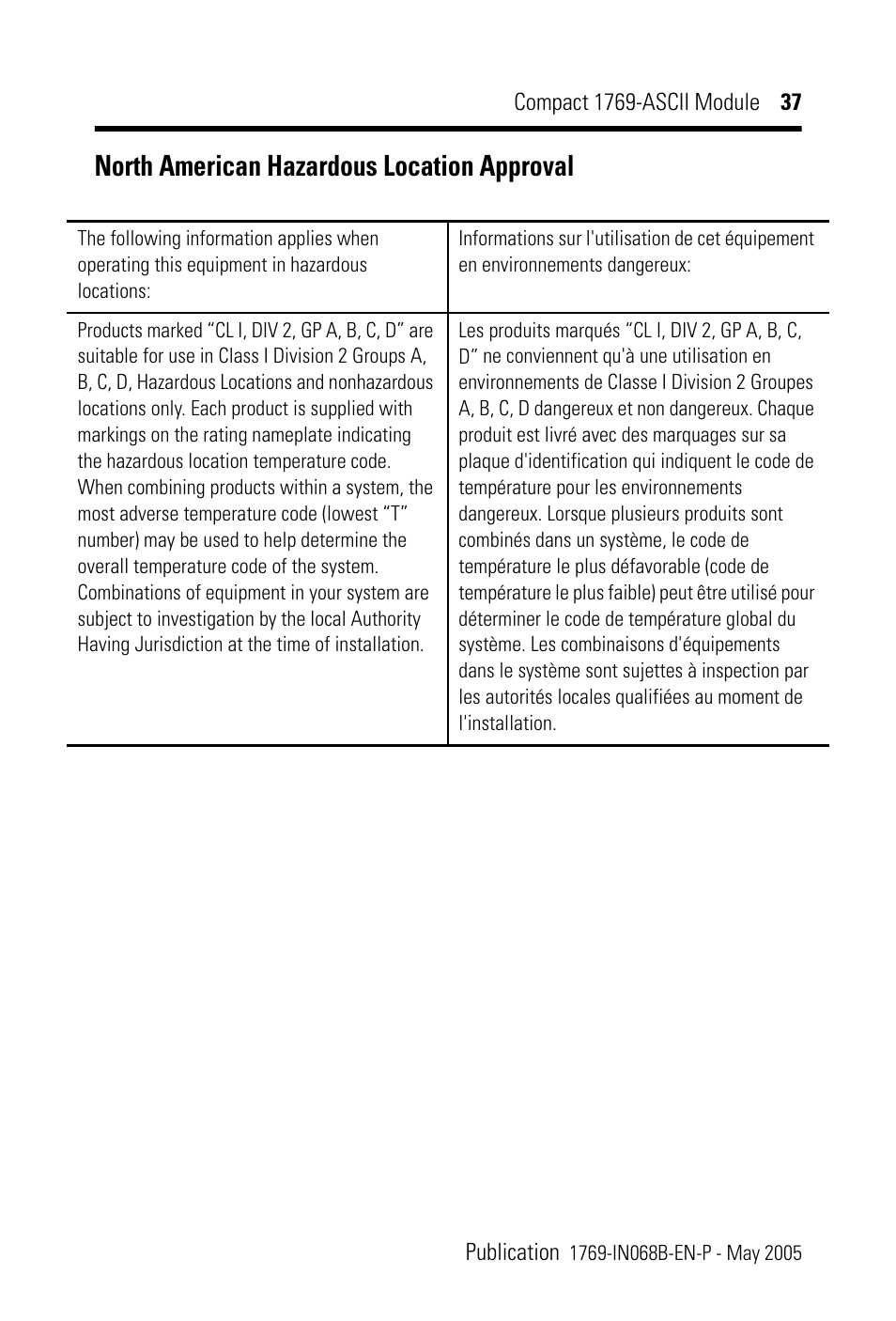 North american hazardous location approval | Rockwell Automation 1769-ASCII Compact Module User Manual | Page 37 / 40