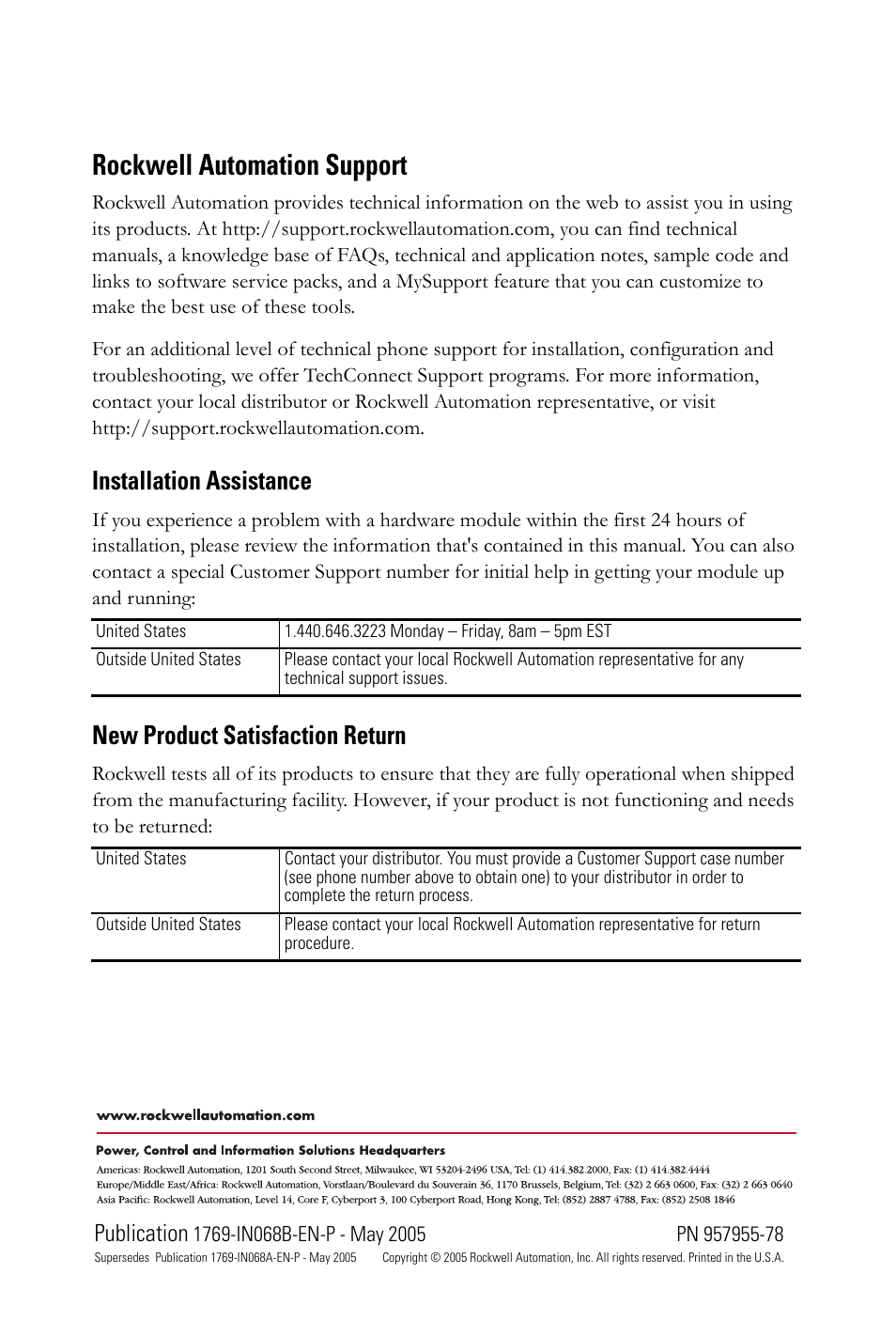 Rockwell automation support, Installation assistance, New product satisfaction return | Publication | Rockwell Automation 1769-ASCII Compact Module User Manual | Page 40 / 40
