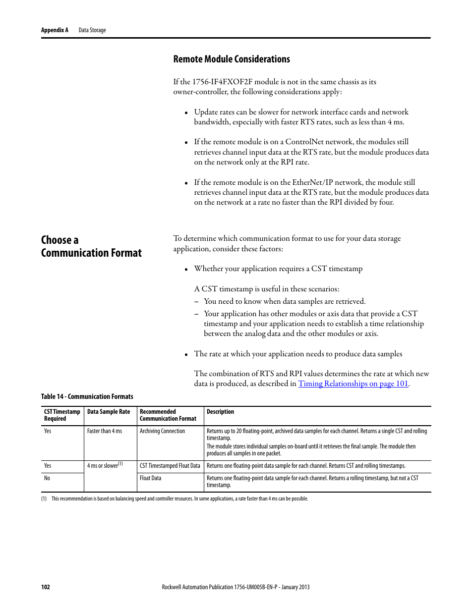 Remote module considerations, Choose a communication format | Rockwell Automation 1756-IF4FXOF2F ControlLogix High-speed Analog I/O Module User Manual | Page 102 / 152