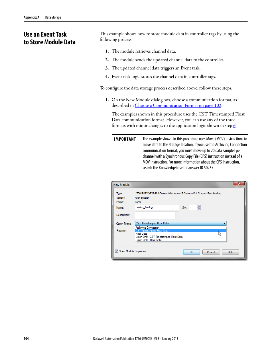 Use an event task to store module data | Rockwell Automation 1756-IF4FXOF2F ControlLogix High-speed Analog I/O Module User Manual | Page 104 / 152