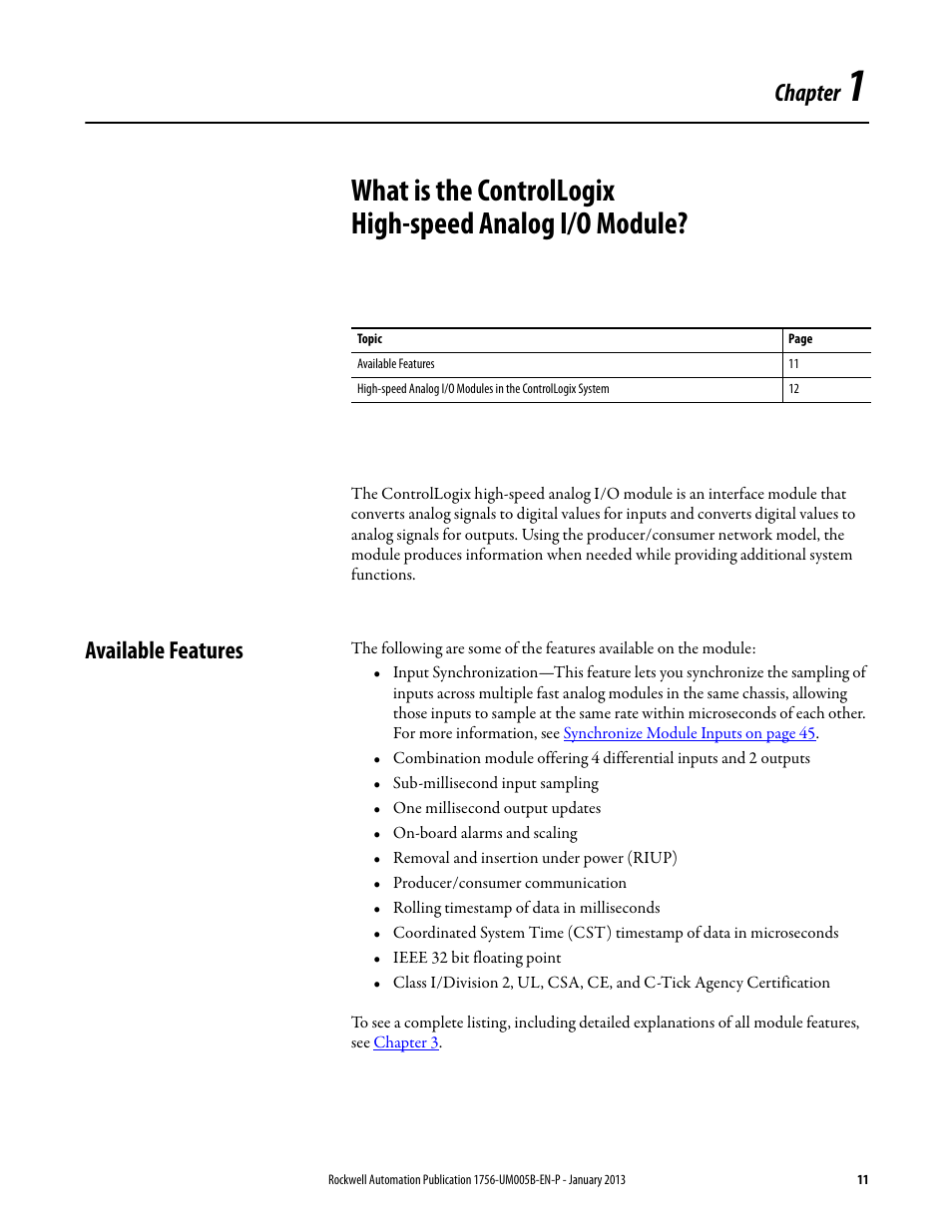 Available features, Chapter 1, Chapter | Rockwell Automation 1756-IF4FXOF2F ControlLogix High-speed Analog I/O Module User Manual | Page 11 / 152