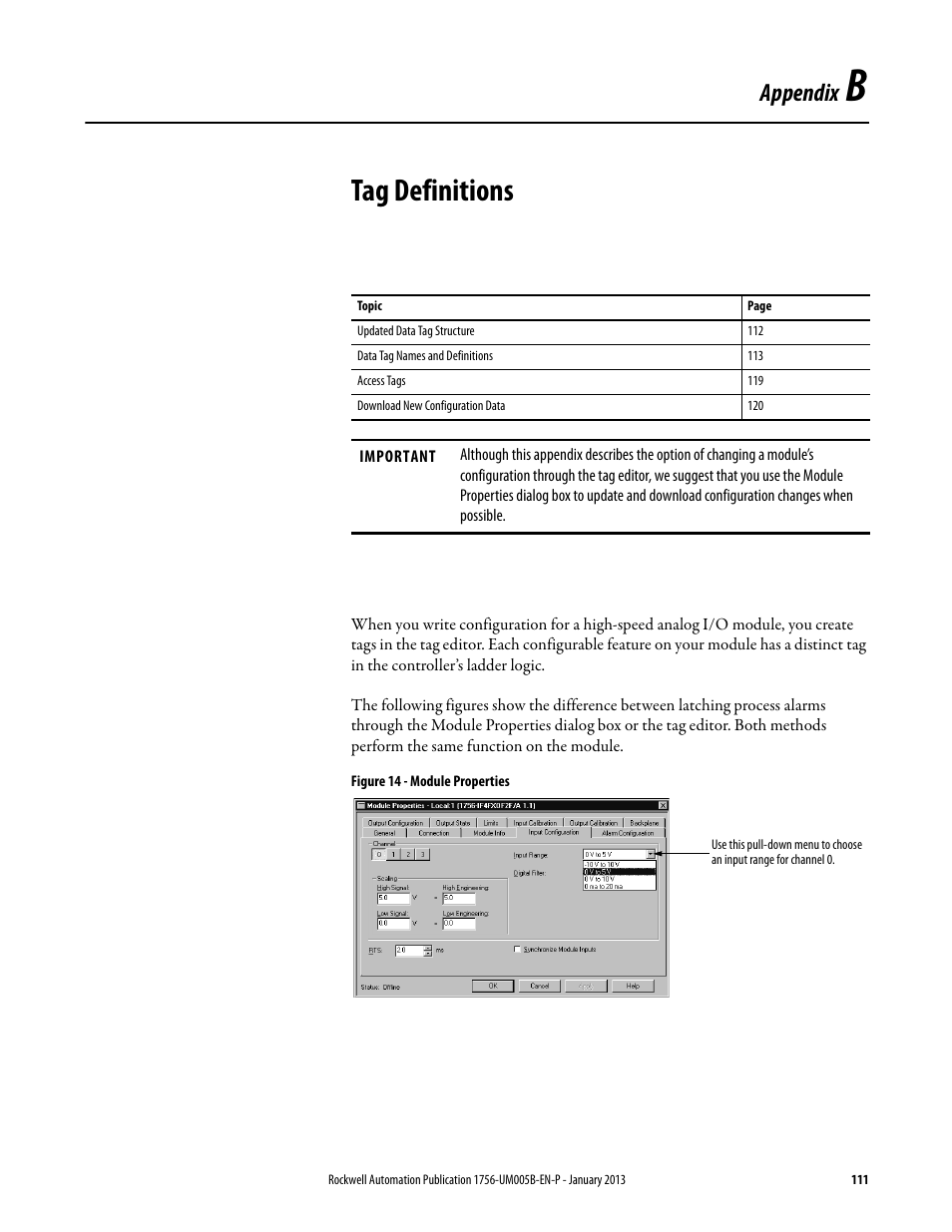 B - tag definitions, Appendix b, Tag definitions | Appendix | Rockwell Automation 1756-IF4FXOF2F ControlLogix High-speed Analog I/O Module User Manual | Page 111 / 152