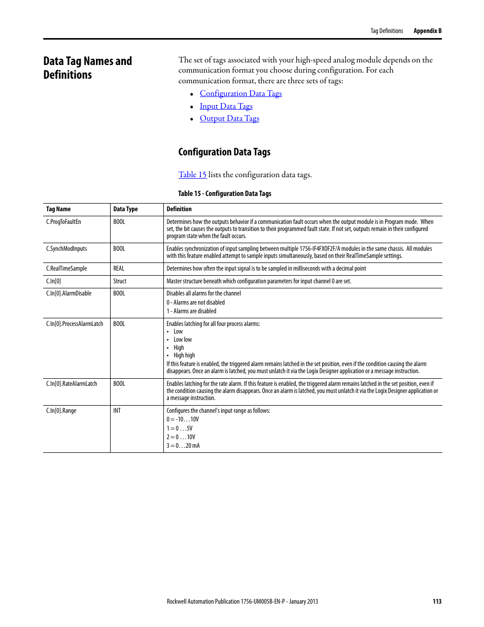 Data tag names and definitions, Configuration data tags | Rockwell Automation 1756-IF4FXOF2F ControlLogix High-speed Analog I/O Module User Manual | Page 113 / 152