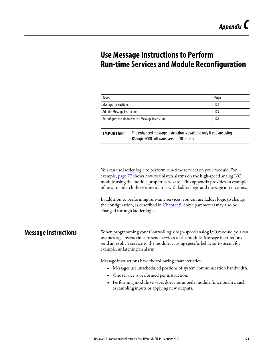 Message instructions, Appendix c, Appendix | Rockwell Automation 1756-IF4FXOF2F ControlLogix High-speed Analog I/O Module User Manual | Page 121 / 152