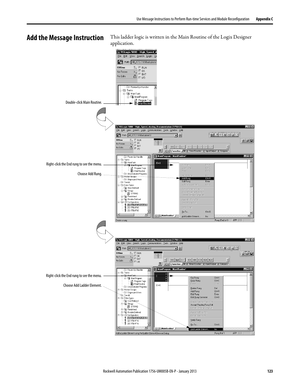 Add the message instruction | Rockwell Automation 1756-IF4FXOF2F ControlLogix High-speed Analog I/O Module User Manual | Page 123 / 152