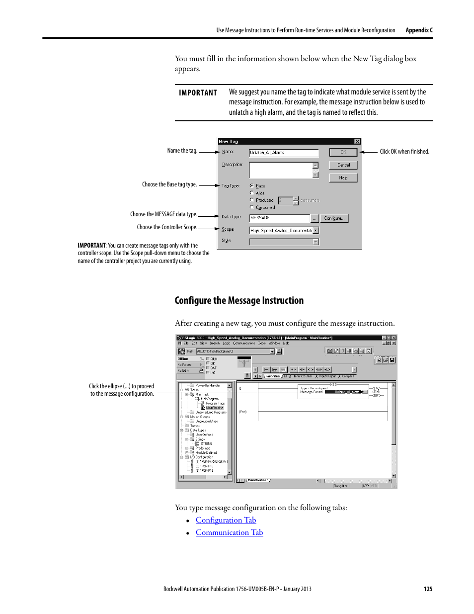 Configure the message instruction | Rockwell Automation 1756-IF4FXOF2F ControlLogix High-speed Analog I/O Module User Manual | Page 125 / 152