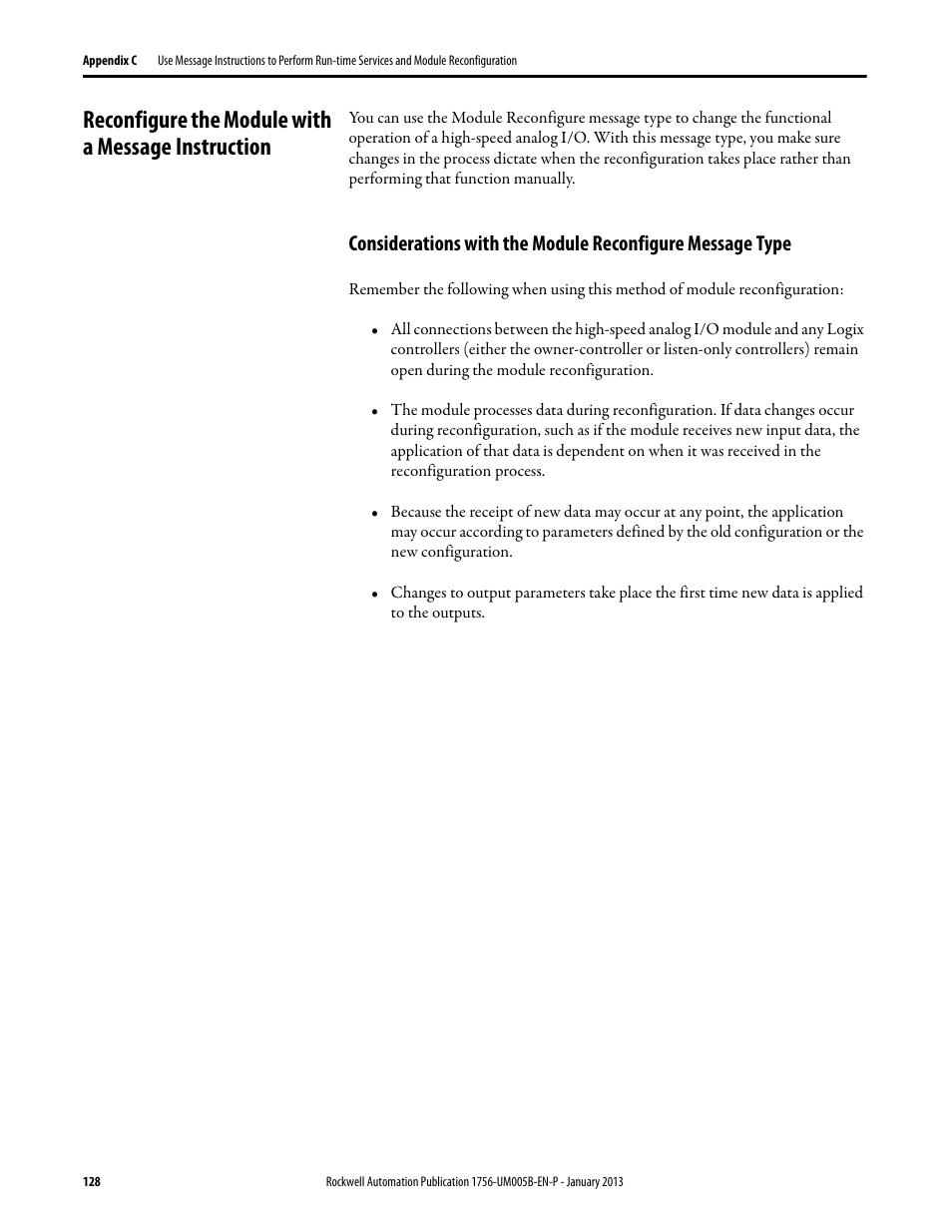 Reconfigure the module with a message instruction | Rockwell Automation 1756-IF4FXOF2F ControlLogix High-speed Analog I/O Module User Manual | Page 128 / 152