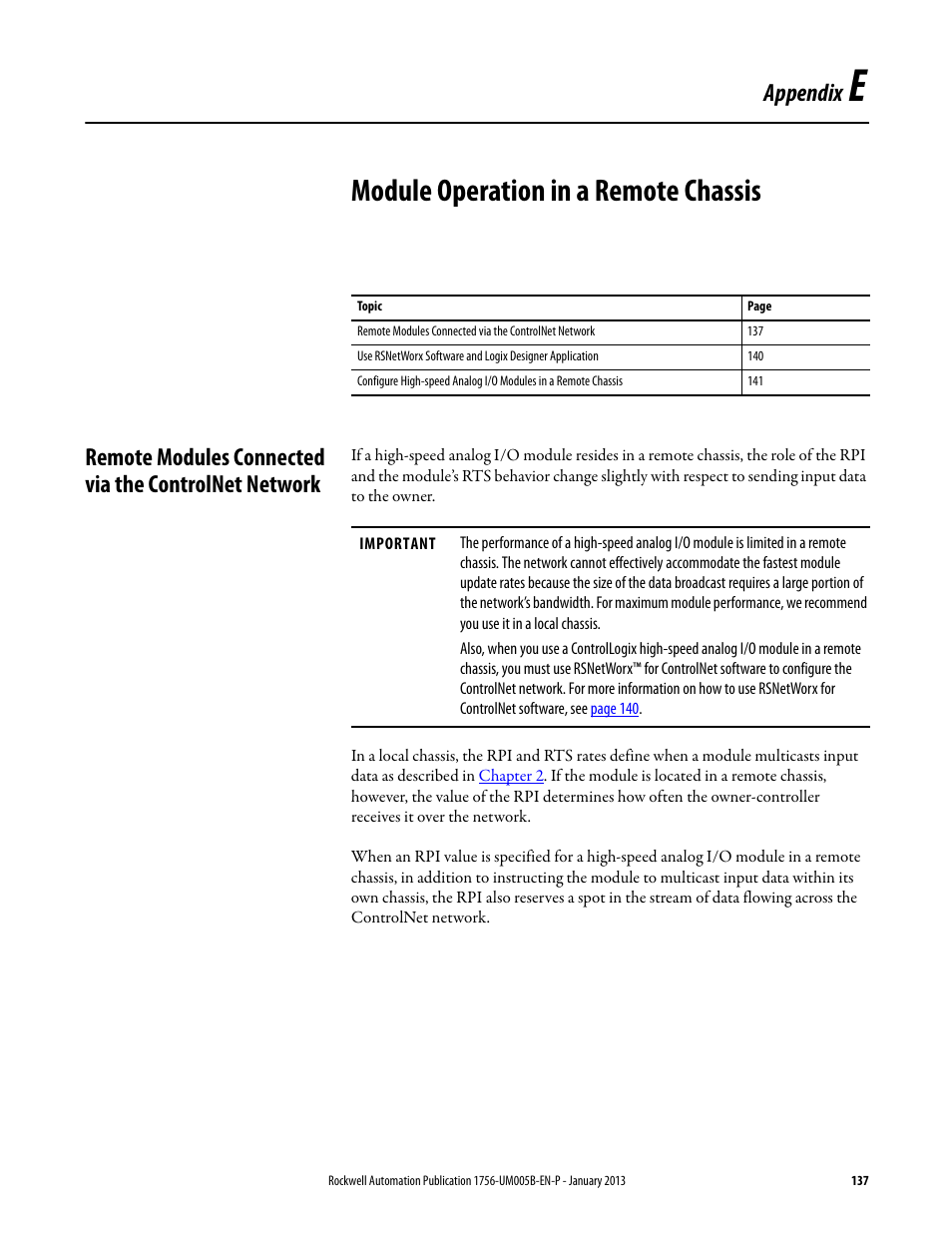 E - module operation in a remote chassis, Appendix e, Module operation in a remote chassis | Appendix | Rockwell Automation 1756-IF4FXOF2F ControlLogix High-speed Analog I/O Module User Manual | Page 137 / 152