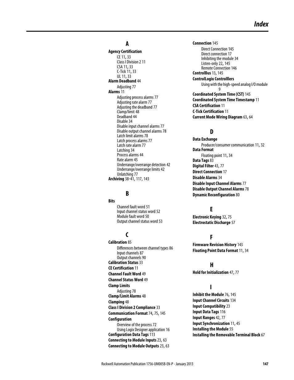 Index | Rockwell Automation 1756-IF4FXOF2F ControlLogix High-speed Analog I/O Module User Manual | Page 147 / 152