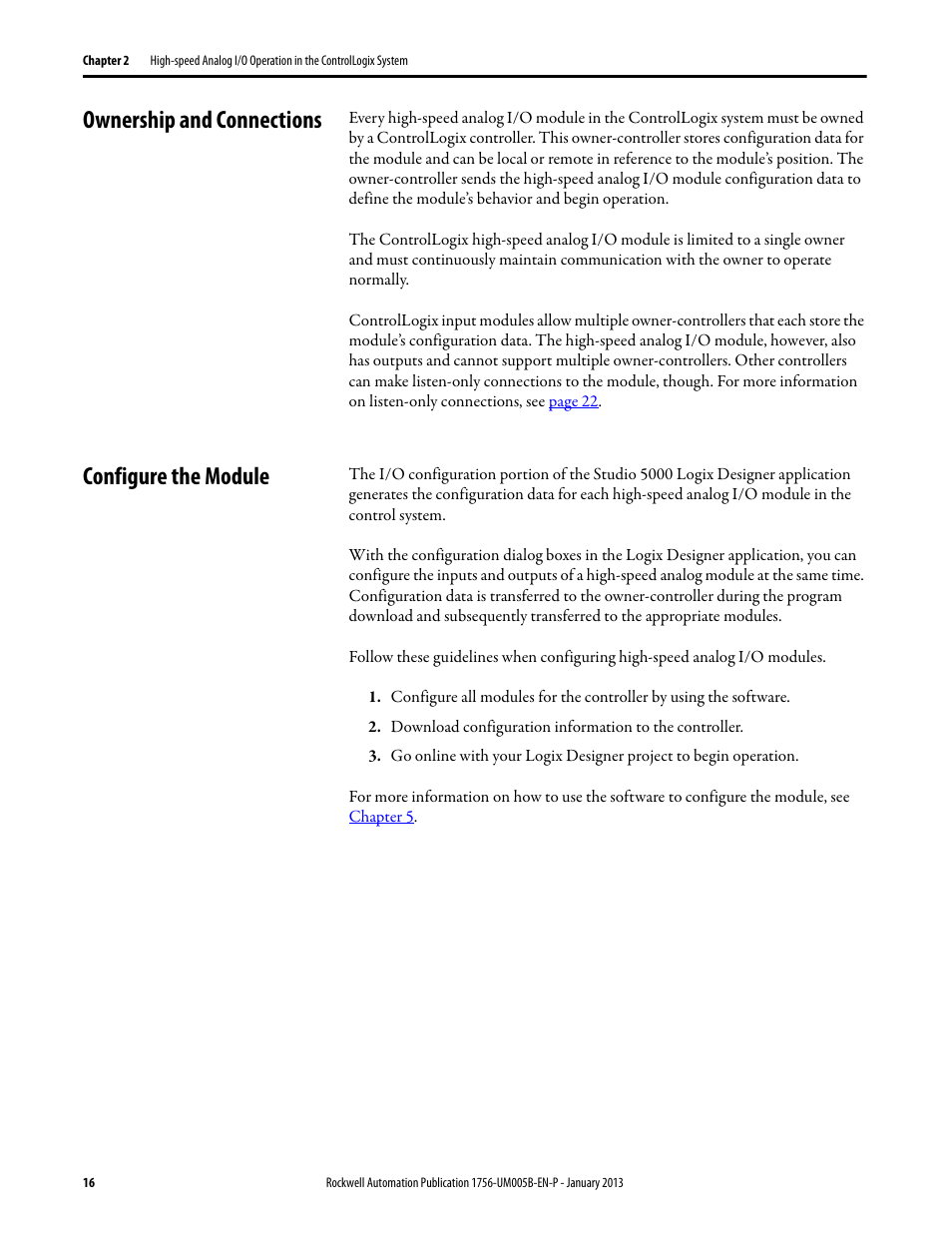 Ownership and connections, Configure the module, Ownership and connections configure the module | Rockwell Automation 1756-IF4FXOF2F ControlLogix High-speed Analog I/O Module User Manual | Page 16 / 152