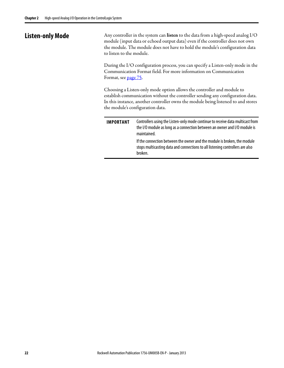 Listen-only mode | Rockwell Automation 1756-IF4FXOF2F ControlLogix High-speed Analog I/O Module User Manual | Page 22 / 152