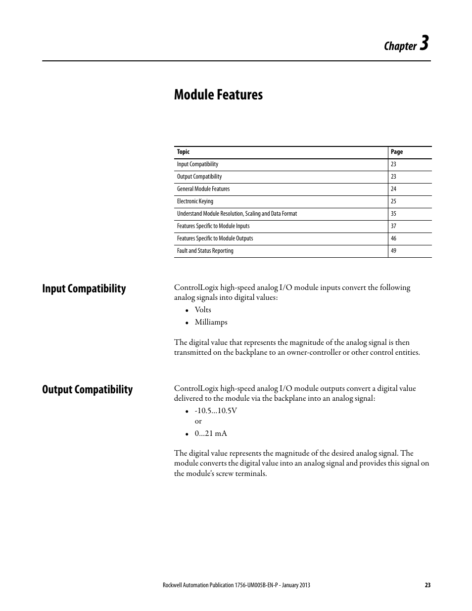 3 - module features, Input compatibility, Output compatibility | Chapter 3, Module features, Input compatibility output compatibility, Chapter | Rockwell Automation 1756-IF4FXOF2F ControlLogix High-speed Analog I/O Module User Manual | Page 23 / 152