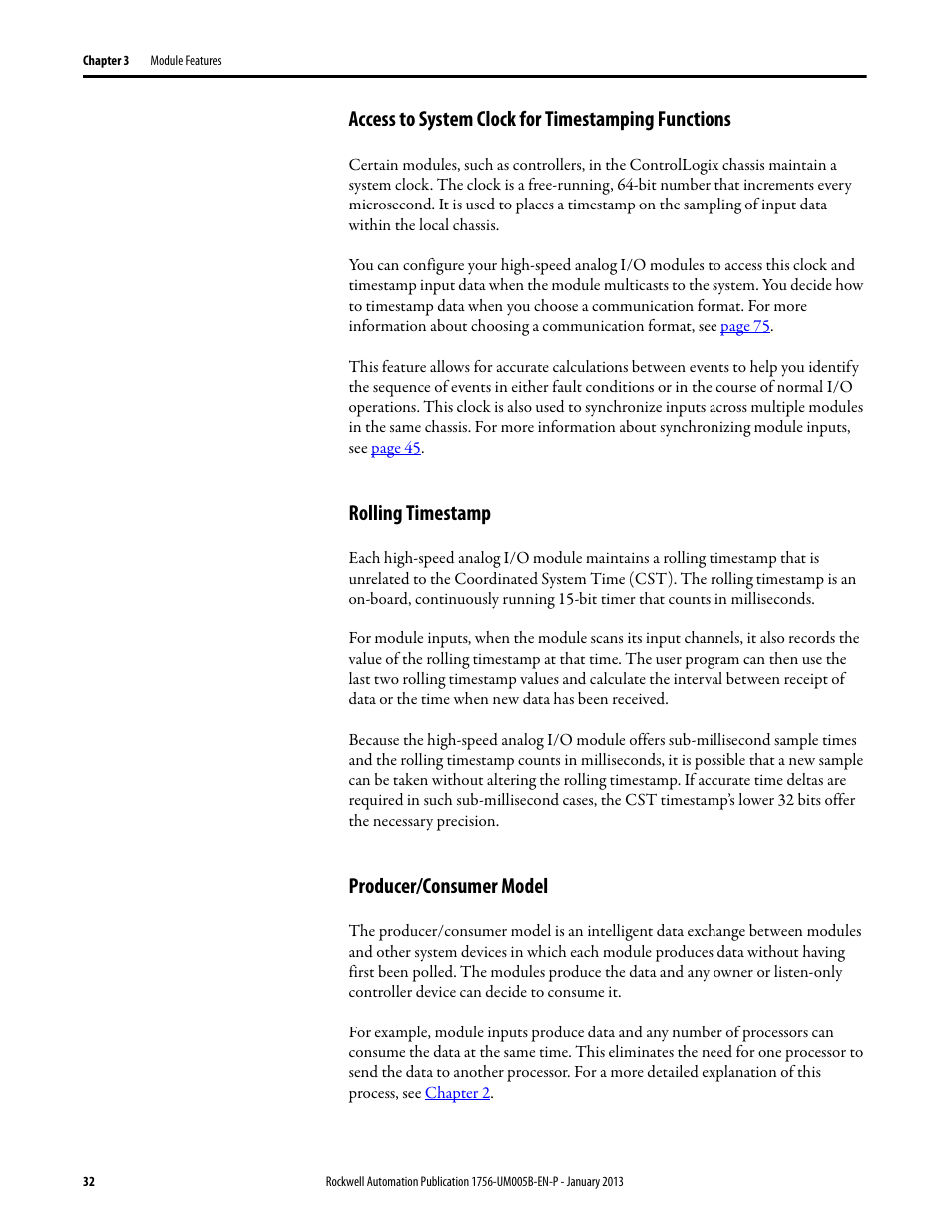 Access to system clock for timestamping functions, Rolling timestamp, Producer/consumer model | Rockwell Automation 1756-IF4FXOF2F ControlLogix High-speed Analog I/O Module User Manual | Page 32 / 152
