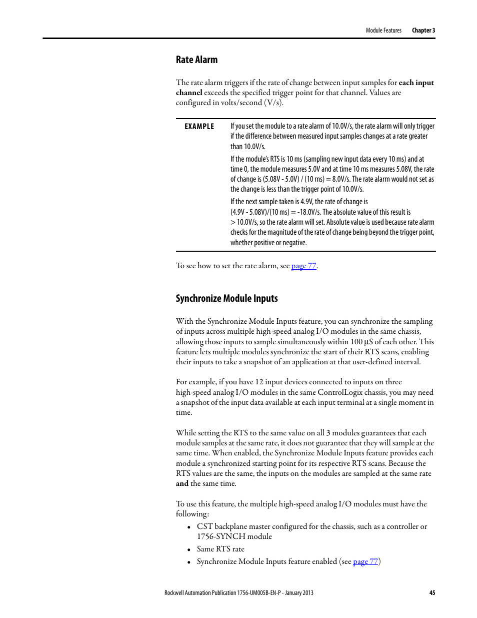 Rate alarm, Synchronize module inputs, Rate alarm synchronize module inputs | Rockwell Automation 1756-IF4FXOF2F ControlLogix High-speed Analog I/O Module User Manual | Page 45 / 152