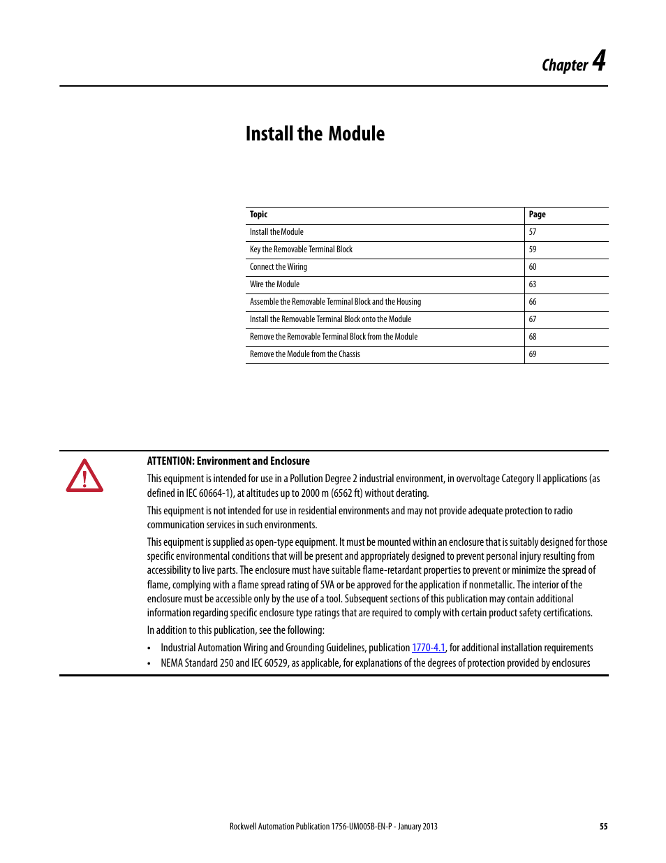 4 - install the module, Chapter 4, Install the module | Chapter | Rockwell Automation 1756-IF4FXOF2F ControlLogix High-speed Analog I/O Module User Manual | Page 55 / 152