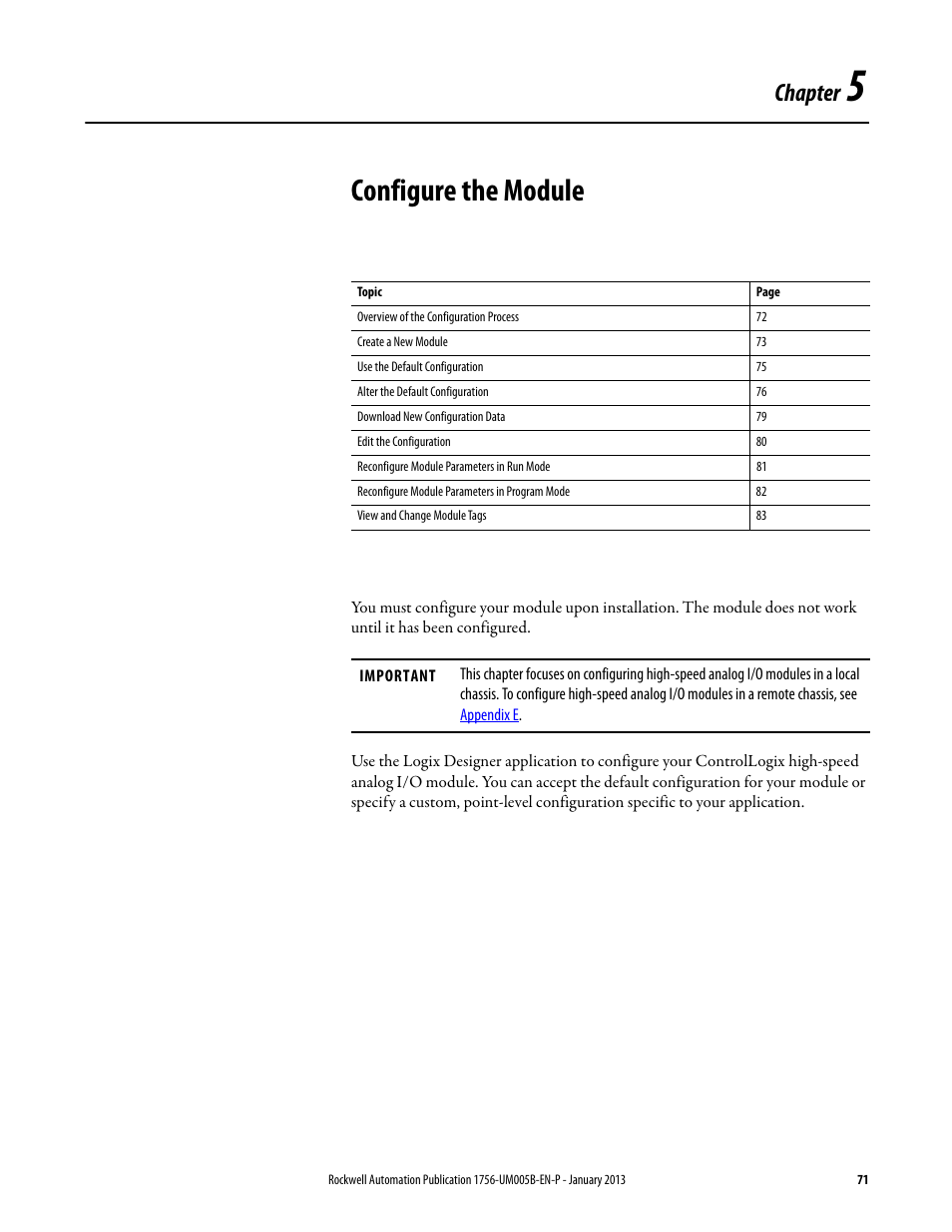 5 - configure the module, Chapter 5, Configure the module | Chapter | Rockwell Automation 1756-IF4FXOF2F ControlLogix High-speed Analog I/O Module User Manual | Page 71 / 152