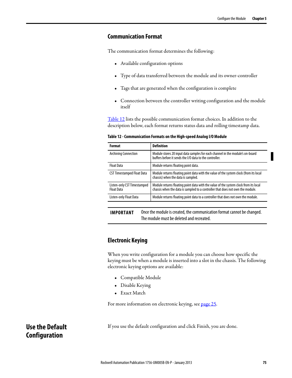 Communication format, Electronic keying, Use the default configuration | Communication format electronic keying | Rockwell Automation 1756-IF4FXOF2F ControlLogix High-speed Analog I/O Module User Manual | Page 75 / 152