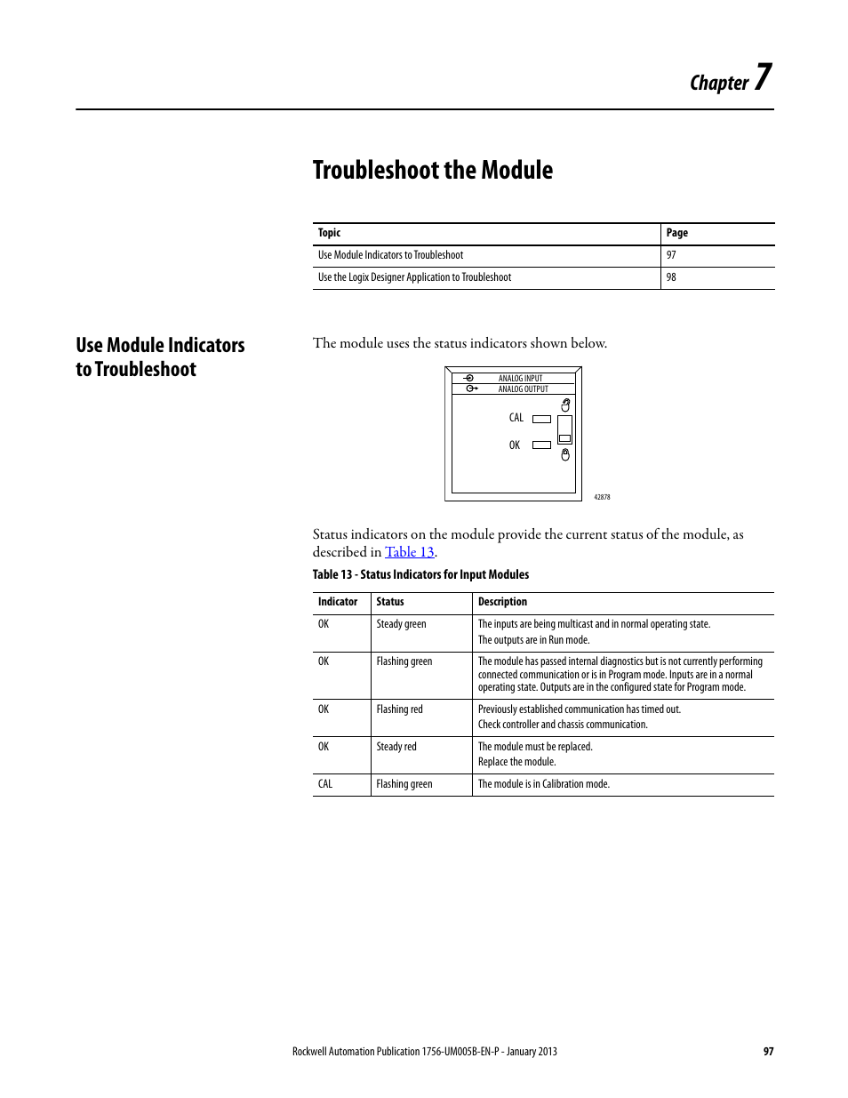 7 - troubleshoot the module, Use module indicators to troubleshoot, Chapter 7 | Troubleshoot the module, Chapter | Rockwell Automation 1756-IF4FXOF2F ControlLogix High-speed Analog I/O Module User Manual | Page 97 / 152