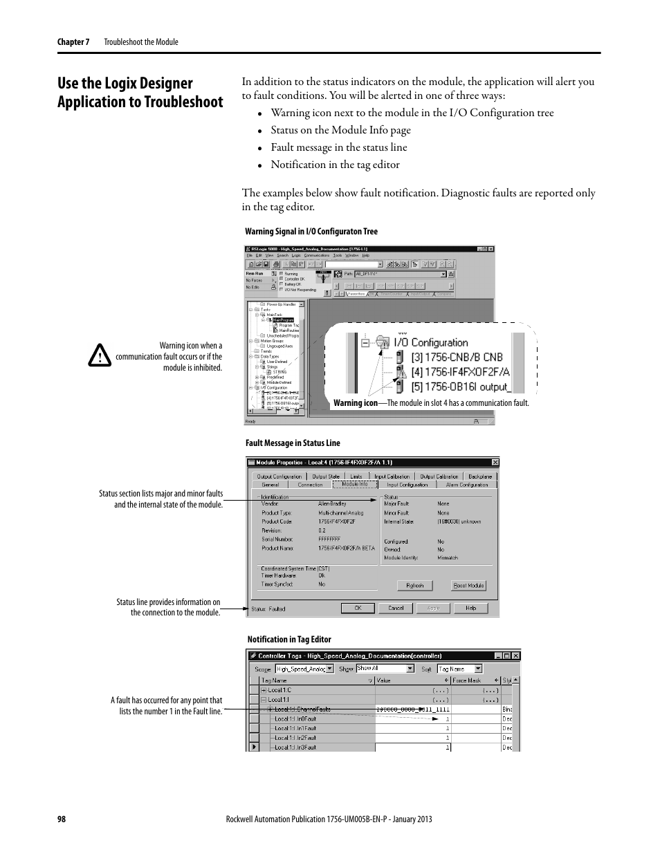 Use the logix designer application to troubleshoot | Rockwell Automation 1756-IF4FXOF2F ControlLogix High-speed Analog I/O Module User Manual | Page 98 / 152