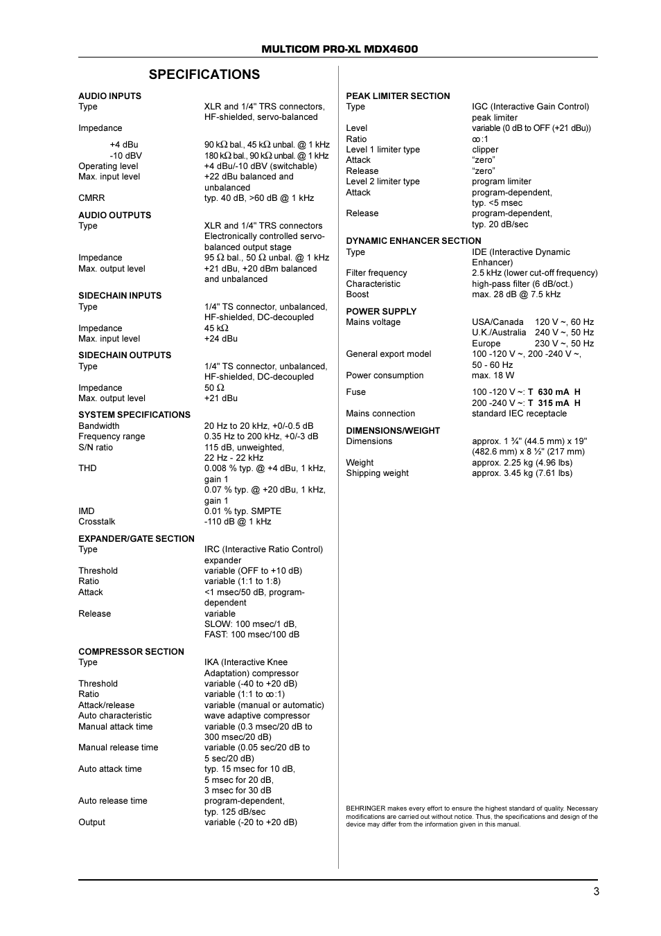 Specifications | Behringer MDX4600 User Manual | Page 3 / 4