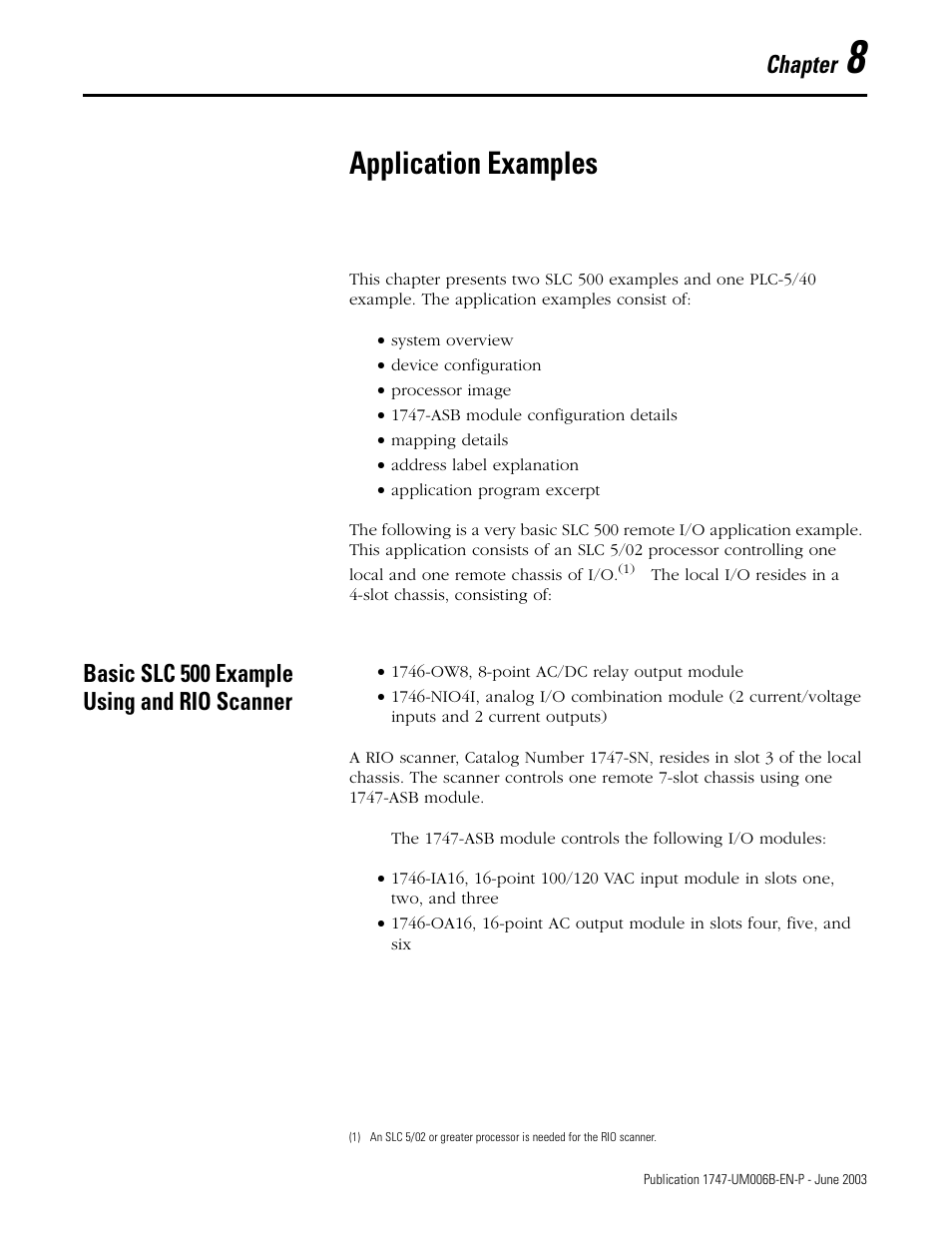 8 - application examples, Application examples, Basic slc 500 example using and rio scanner | Chapter 8, Basic slc 500 example using and rio scanner -1, Chapter | Rockwell Automation 1747-ASB Remote I/O Adapter User Manual | Page 105 / 156