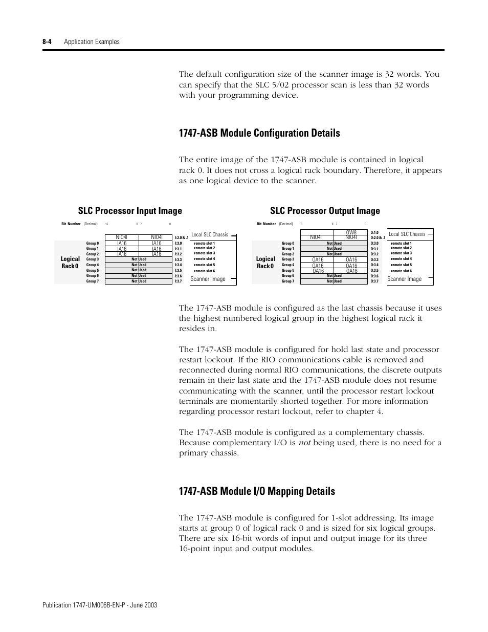 1747-asb module configuration details, 1747-asb module i/o mapping details, Slc processor input image | Slc processor output image | Rockwell Automation 1747-ASB Remote I/O Adapter User Manual | Page 108 / 156