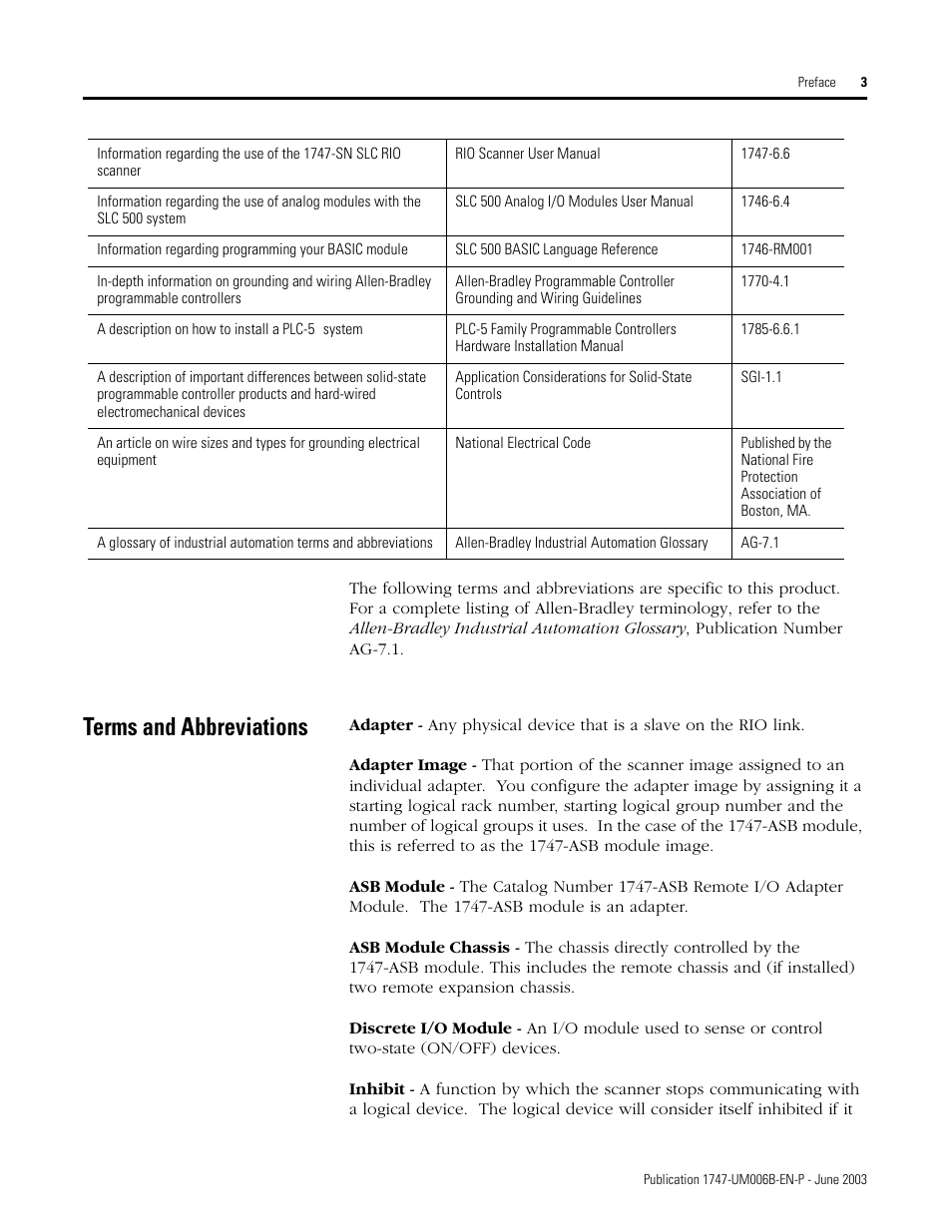 Terms and abbreviations | Rockwell Automation 1747-ASB Remote I/O Adapter User Manual | Page 11 / 156