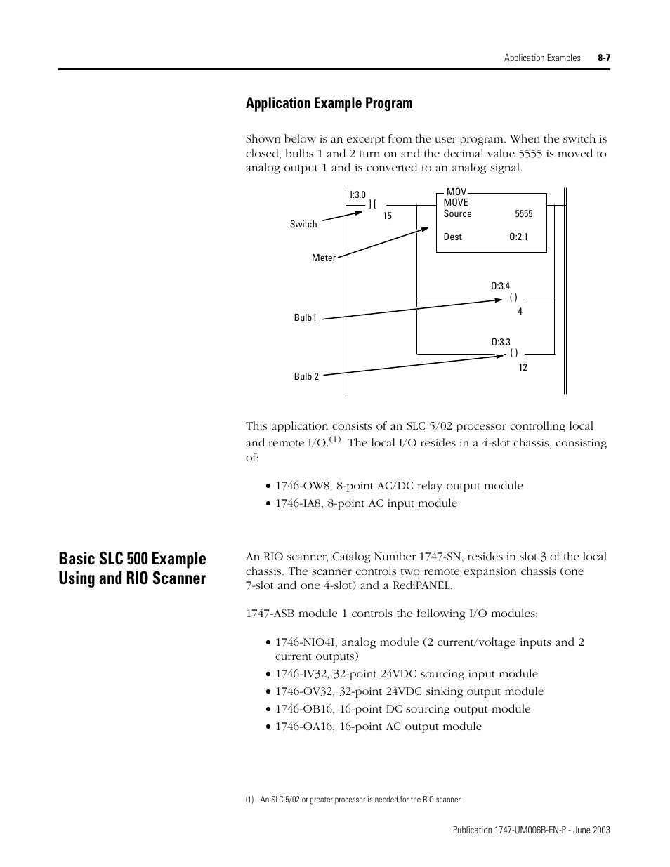 Basic slc 500 example using and rio scanner, Application example program -7, Basic slc 500 example using and rio scanner -7 | Application example program | Rockwell Automation 1747-ASB Remote I/O Adapter User Manual | Page 111 / 156