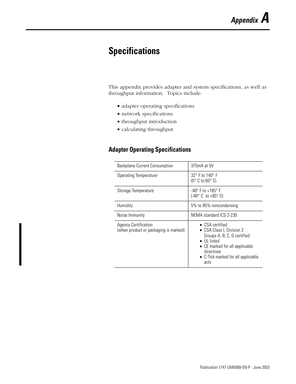 A - specifications, Specifications, Appendix a | Appendix, Adapter operating specifications | Rockwell Automation 1747-ASB Remote I/O Adapter User Manual | Page 129 / 156